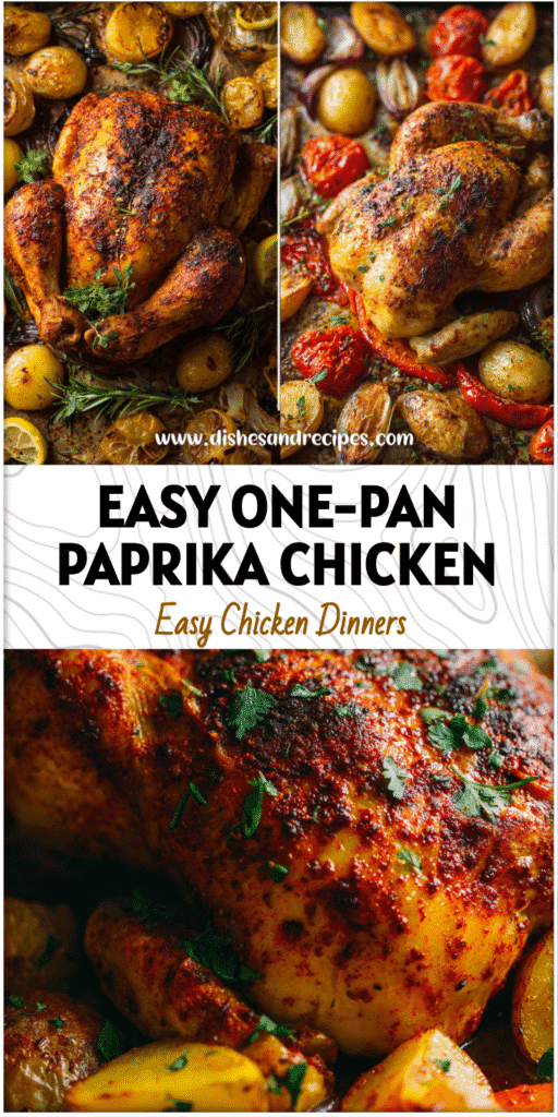 Roasted paprika chicken with crispy skin and baked vegetables on a single pan