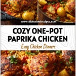 Golden One-Pot Paprika Chicken Thighs with potatoes and rice in a rustic skillet