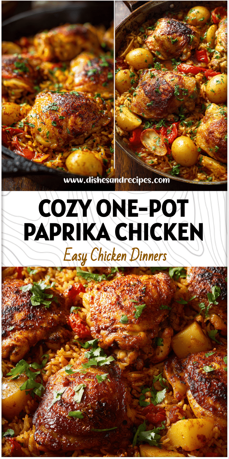 Golden One-Pot Paprika Chicken Thighs with potatoes and rice in a rustic skillet
