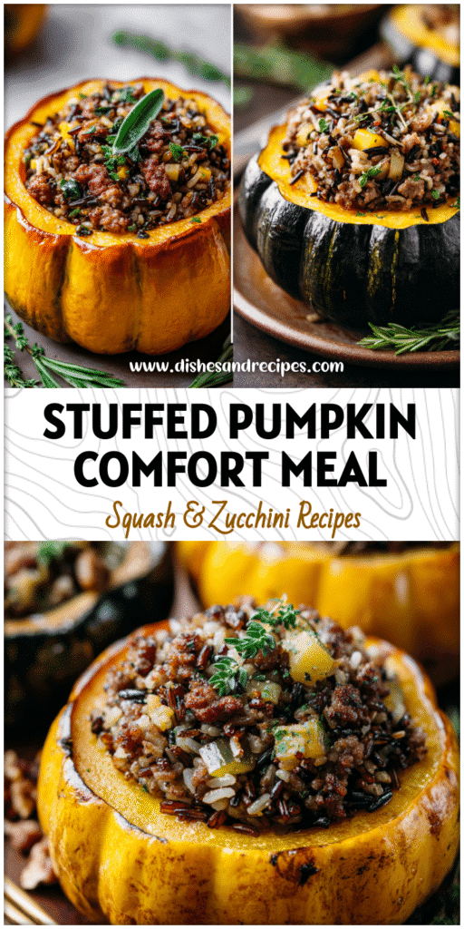 Baked pumpkin stuffed with wild rice, sausage, and herbs served as a cozy acorn squash wild rice recipe