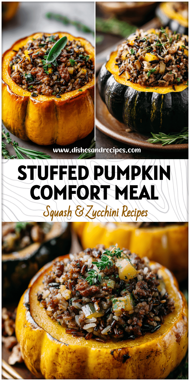 Baked pumpkin stuffed with wild rice, sausage, and herbs served as a cozy acorn squash wild rice recipe