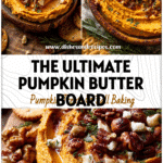 A Pumpkin Whipped Brown Butter Board topped with pumpkin butter, nuts, and herbs on a rustic table.