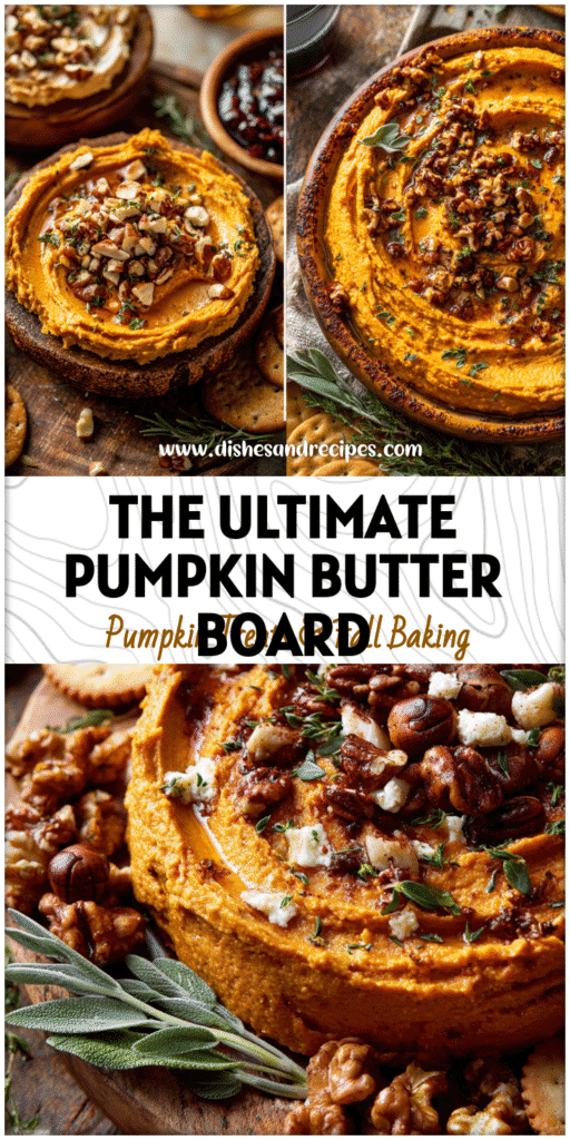 A Pumpkin Whipped Brown Butter Board topped with pumpkin butter, nuts, and herbs on a rustic table.