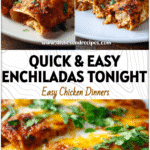 Quick & Easy Chicken Enchiladas Recipe for a Healthy Family Dinner 5 Baked chicken enchiladas on a white plate with melted cheese and fresh herbs for an easy family dinner recipe