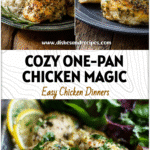 One Pan Lemon Herb Chicken and Rice served with leafy salad on a rustic table