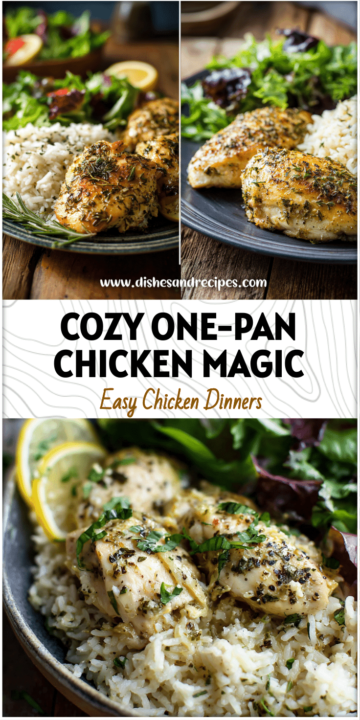 One Pan Lemon Herb Chicken and Rice served with leafy salad on a rustic table