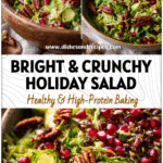 Shaved Brussels Sprout Salad with Pomegranate & Candied Pecans 5 Bowl of shaved Brussels sprout salad with pomegranate seeds and candied pecans on a festive table.