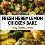 Sheet pan lemon pepper chicken with broccoli and potatoes garnished with herbs for a quick healthy dinner.