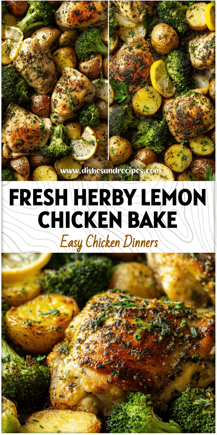 Sheet pan lemon pepper chicken with broccoli and potatoes garnished with herbs for a quick healthy dinner.