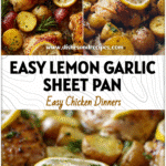 Golden sheet pan lemon garlic chicken thighs baked with potatoes and herbs for an easy family dinner.