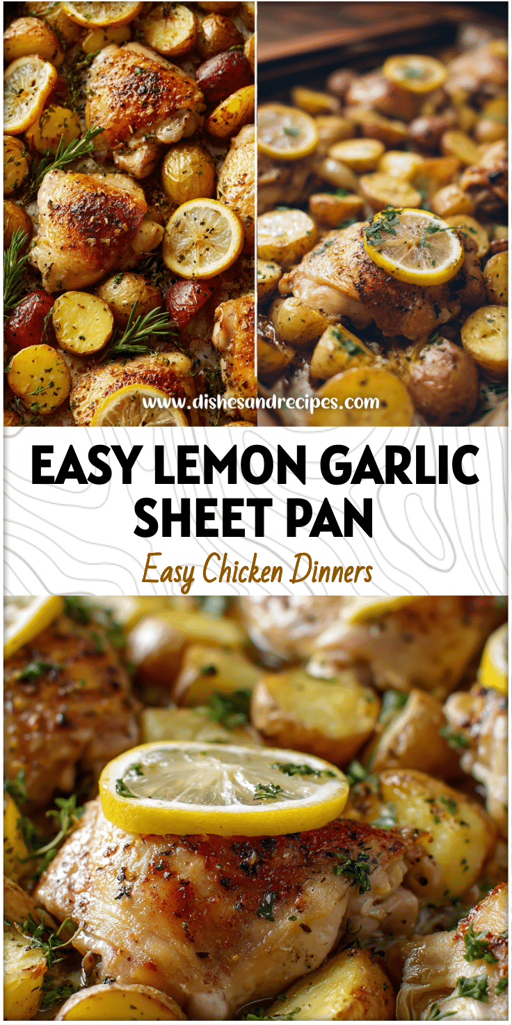Golden sheet pan lemon garlic chicken thighs baked with potatoes and herbs for an easy family dinner.