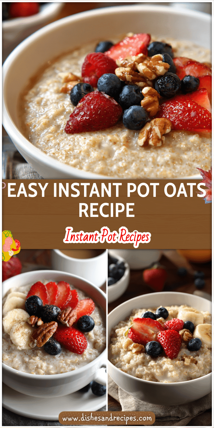 Bowl of creamy Instant Pot Steel Cut Oatmeal topped with fresh fruit and nuts on a breakfast table.