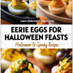 Close-up of spooky deviled eggs on a Halloween Spread table among themed Finger Foods Halloween Party ideas