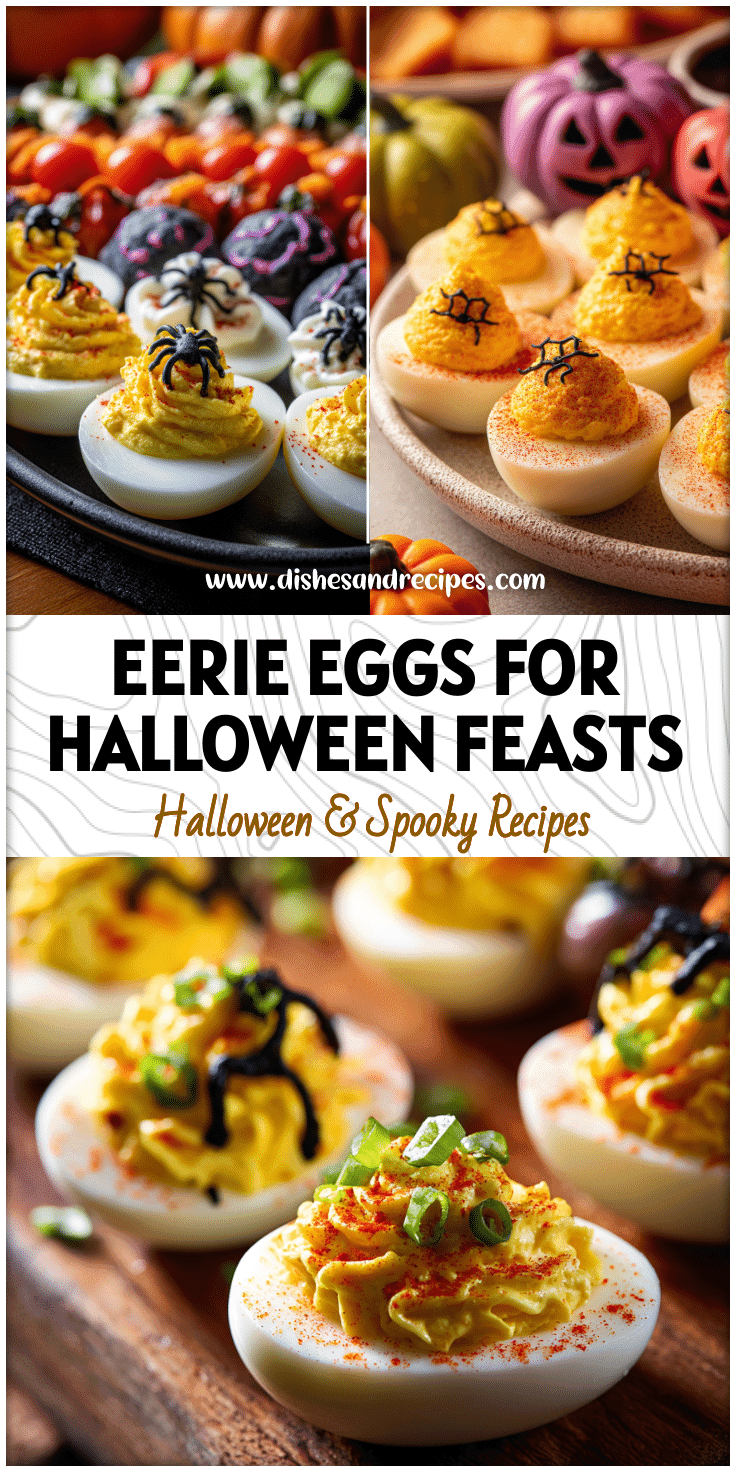 Close-up of spooky deviled eggs on a Halloween Spread table among themed Finger Foods Halloween Party ideas