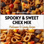 Bowl of spooky Halloween Chex Mix with candy, Bugles, and pretzels for kids party snacks
