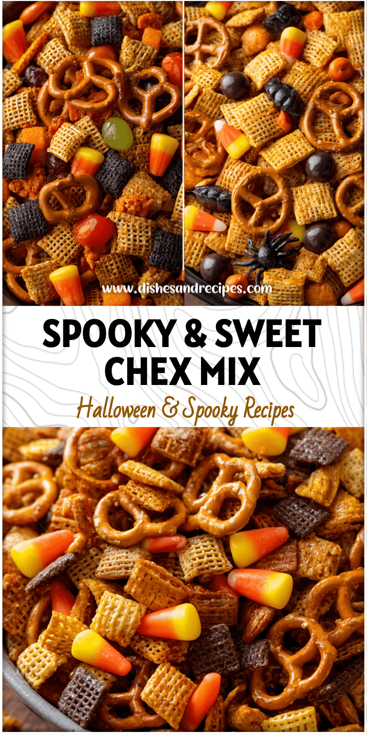 Bowl of spooky Halloween Chex Mix with candy, Bugles, and pretzels for kids party snacks