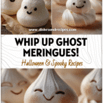 Close-up of Halloween Meringue Cookies shaped as smiling Ghost Meringues on a festive table.