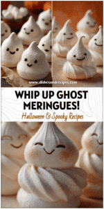 Home 8 Close-up of Halloween Meringue Cookies shaped as smiling Ghost Meringues on a festive table.
