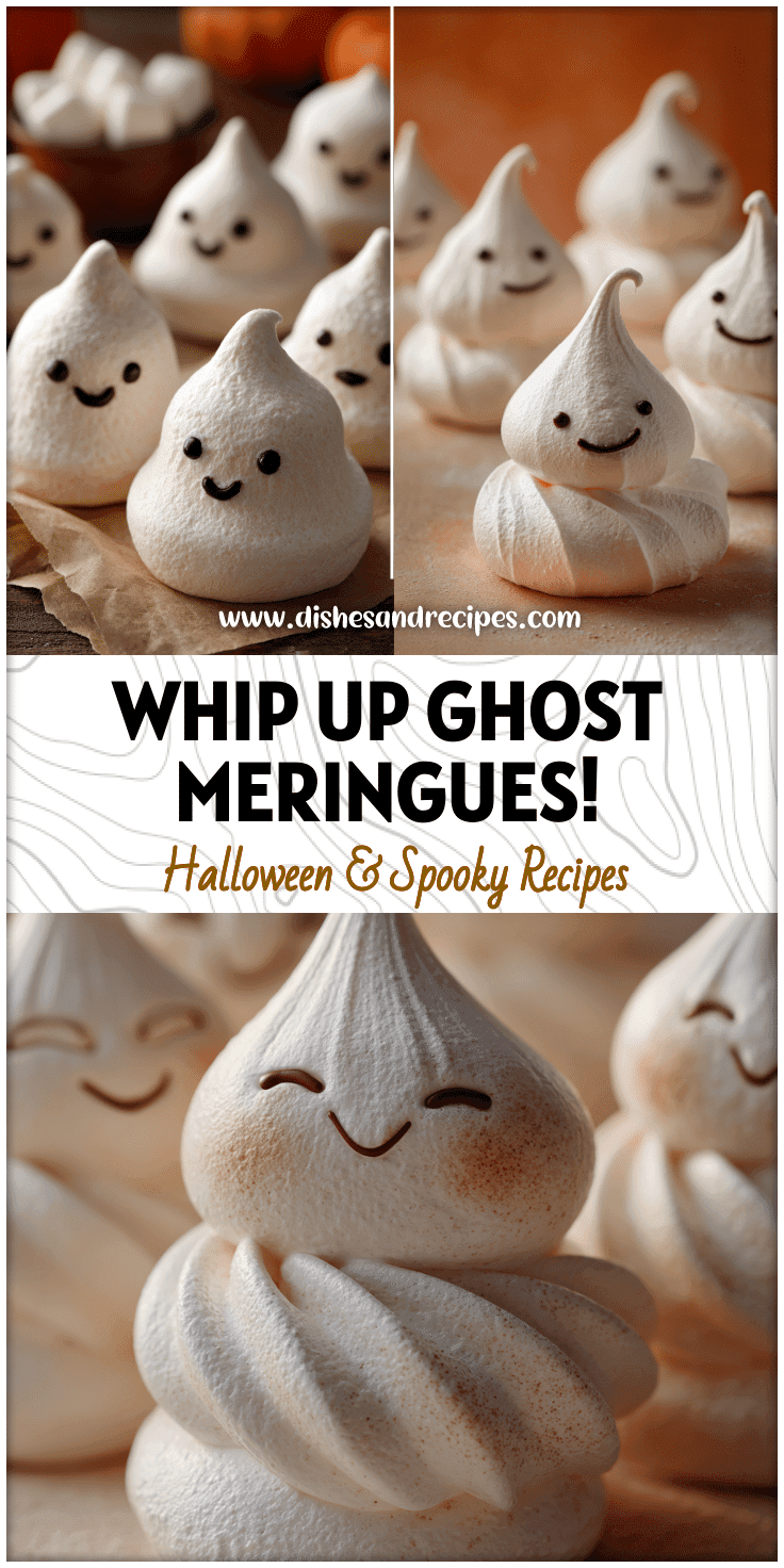 Close-up of Halloween Meringue Cookies shaped as smiling Ghost Meringues on a festive table.
