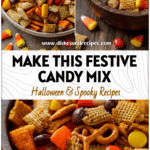 Sweet & Salty Halloween Candy Mix With Bugles 5 Halloween candy mix with colorful candies, Chex pieces, and Bugles in a festive bowl