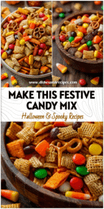 Halloween candy mix with colorful candies, Chex pieces, and Bugles in a festive bowl