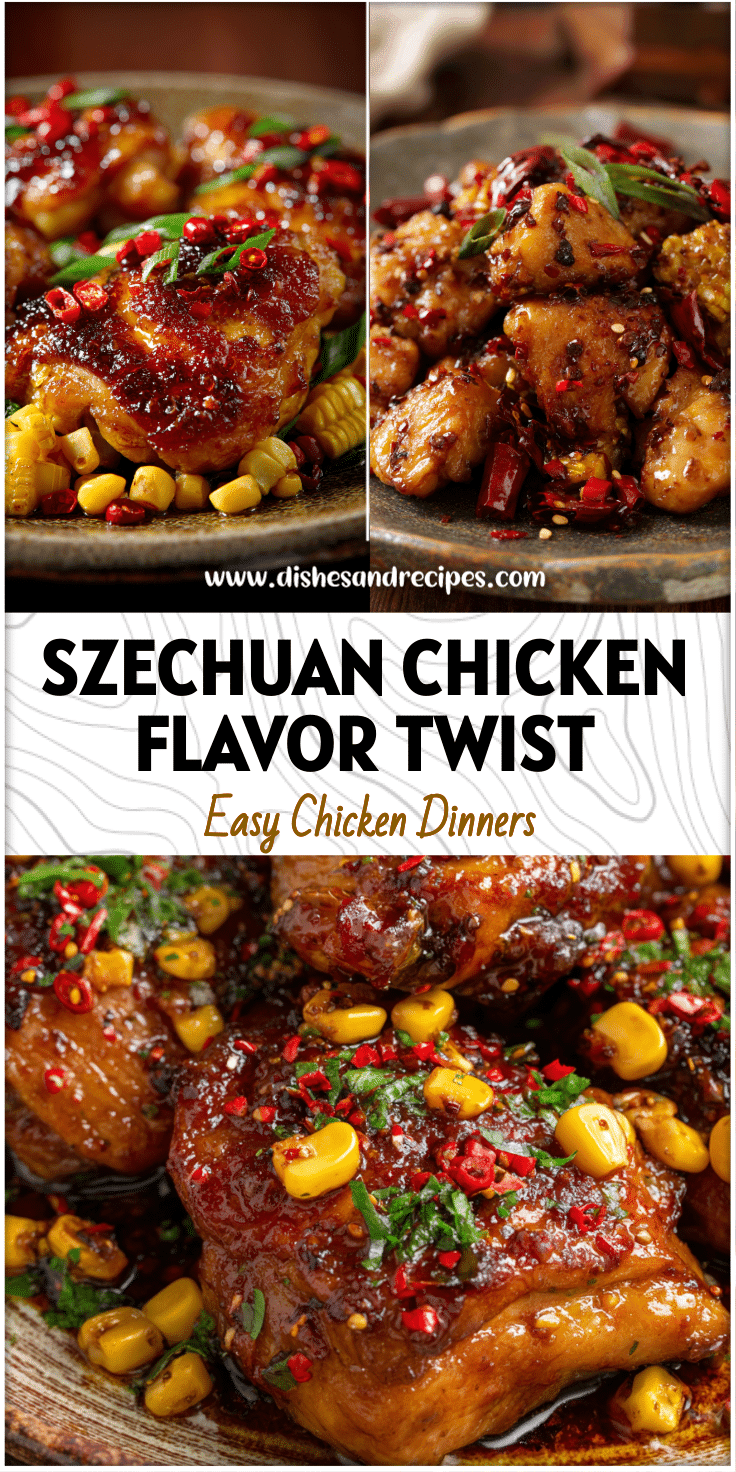 Close-up of glazed spicy Chinese chicken thighs with red chili flakes and sweetcorn pieces on a rustic plate.