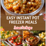 The Best Instant Pot Freezer Meals for Busy Nights! 5 Assorted Instant Pot Freezer Meals prepped in containers with fresh vegetables and sauces.