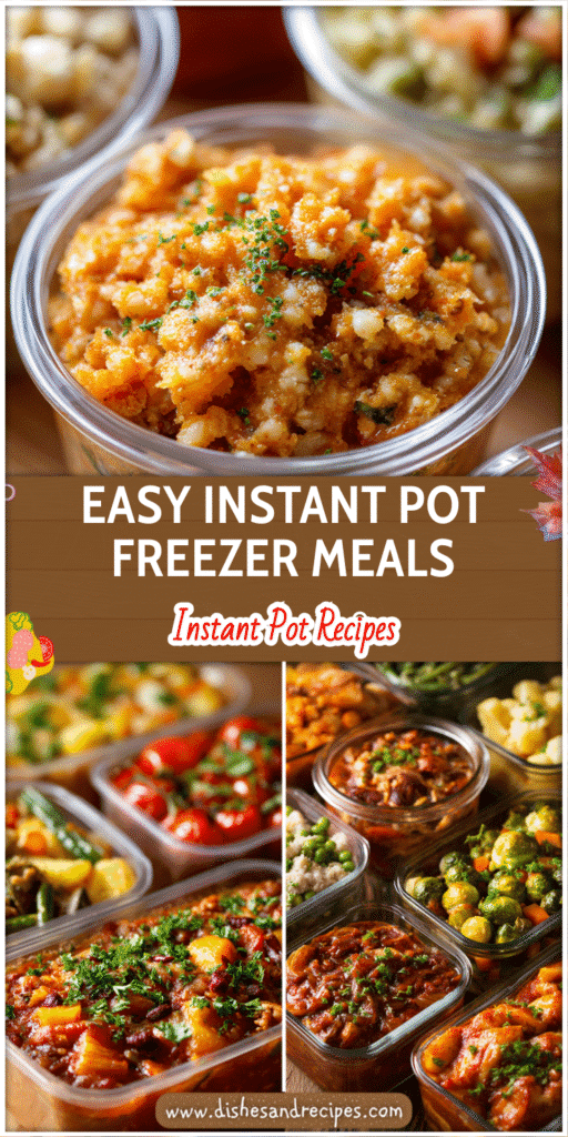 Assorted Instant Pot Freezer Meals prepped in containers with fresh vegetables and sauces.