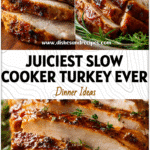 The Juiciest Slow Cooker Turkey Breast for Thanksgiving 5 Juicy sliced Slow Cooker Turkey Breast served on a platter for a Thanksgiving dinner.