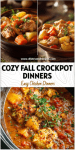 Rustic table featuring comforting fall crockpot dinners and easy family-style slow cooker meals.