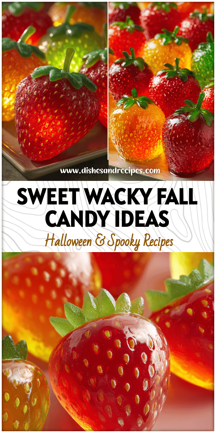 Vibrant tray of candy strawberries and glowing jolly rancher apples as wacky fall cooking ideas for kids.