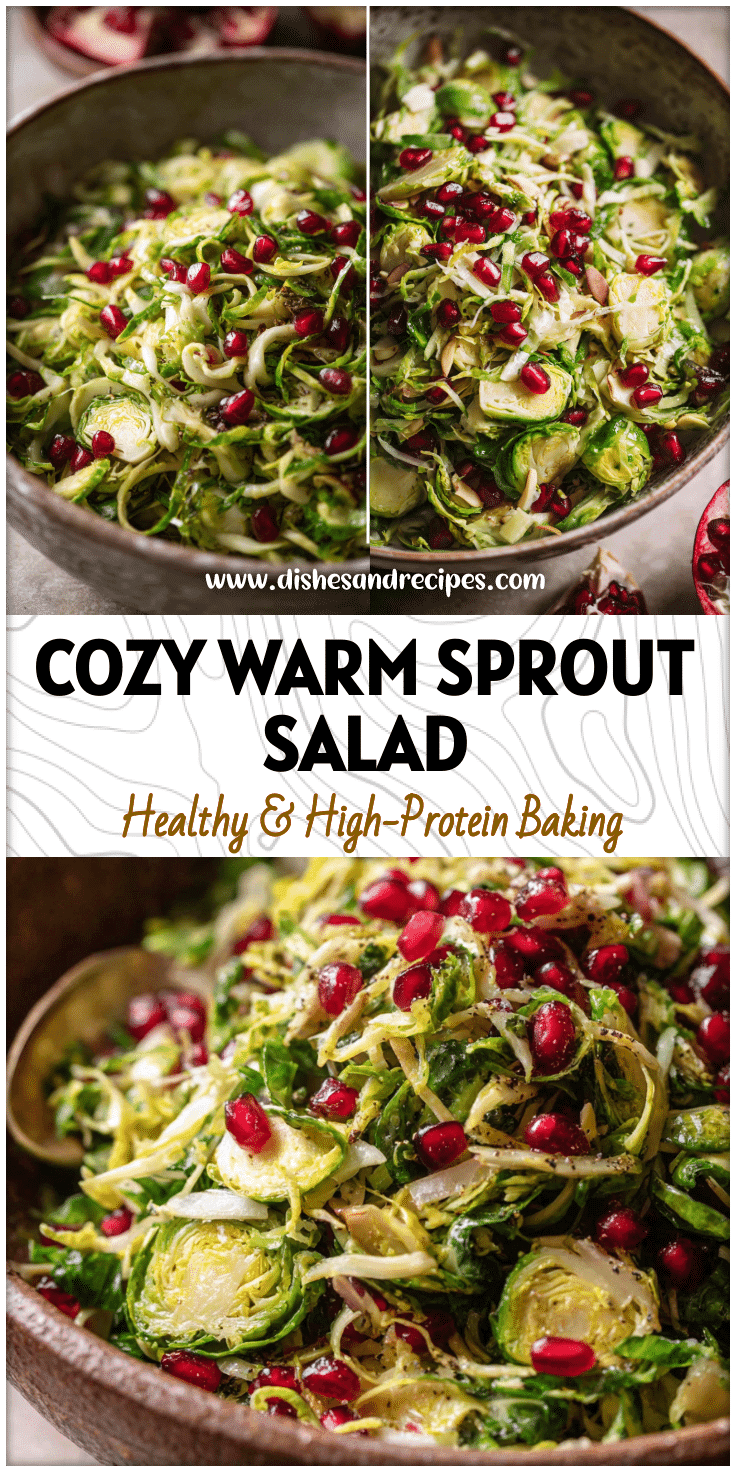 Warm shaved Brussels sprouts tossed with pomegranate and drizzled lemon vinaigrette served in a rustic bowl.