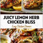 Zesty Lemon Herb Chicken Breasts: Juicy and Flavorful Dinner Delight 5 Grilled lemon herb chicken breasts garnished with herbs and lemon slices on a dinner plate.