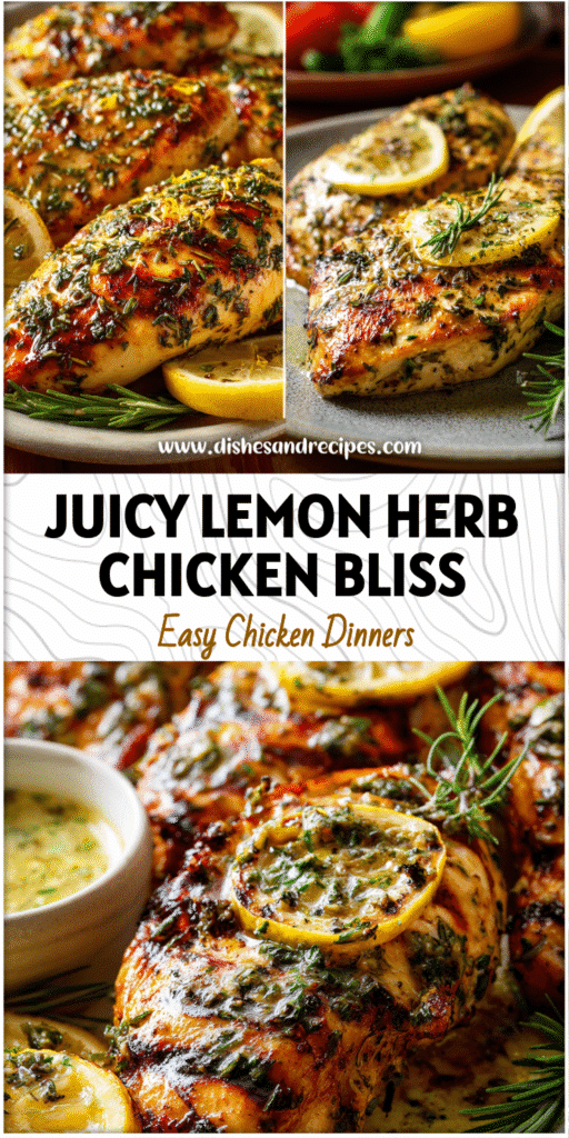 Home 32 Grilled lemon herb chicken breasts garnished with herbs and lemon slices on a dinner plate.
