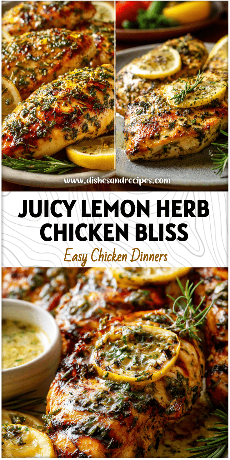 Grilled lemon herb chicken breasts garnished with herbs and lemon slices on a dinner plate.