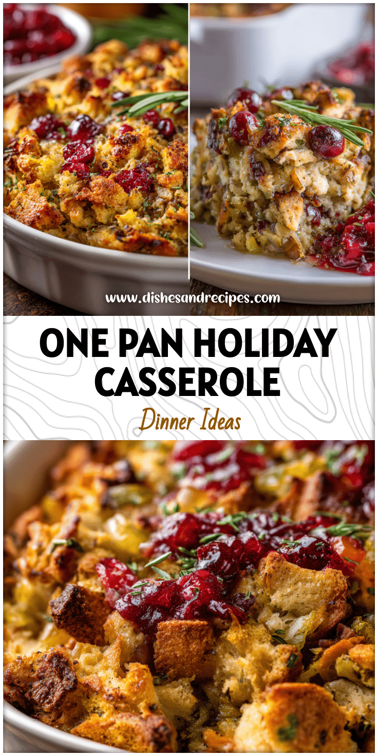 Golden baked Thanksgiving casserole with stuffing topping and cranberry side dish served in baking dish