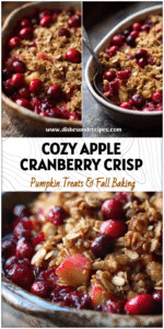 Golden Apple Cranberry Crisp topped with buttery oats in a rustic baking dish with fresh cranberries.