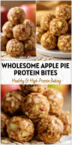 Penny Stansberry 4 Apple Pie Protein Balls stacked on a white plate showing oats and apple pieces for a clean healthy snack.