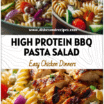 Colorful bowl of BBQ chicken pasta salad with grilled chicken, rotini pasta, and fresh veggies.