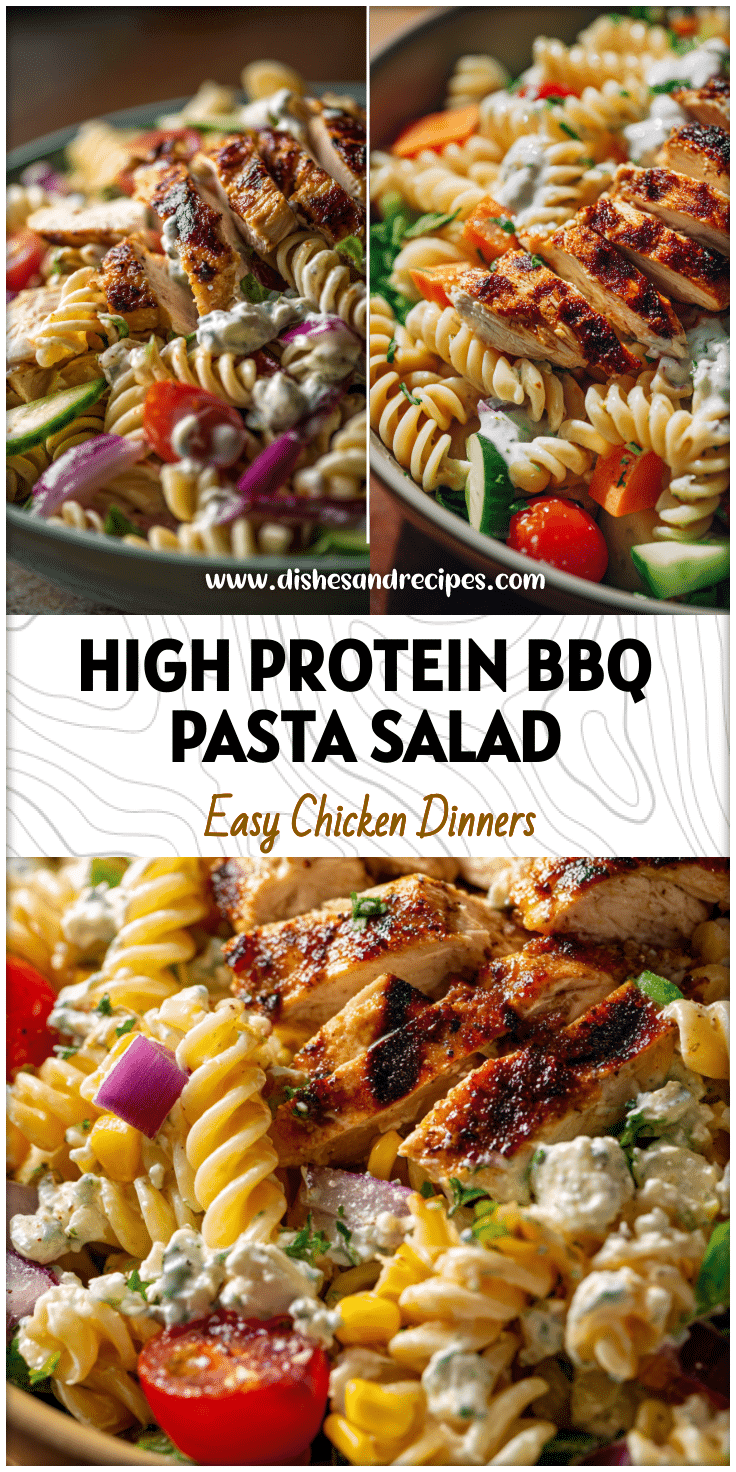 Colorful bowl of BBQ chicken pasta salad with grilled chicken, rotini pasta, and fresh veggies.