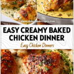 Close-up of baked chicken thighs in creamy sauce garnished with herbs in a white baking dish.