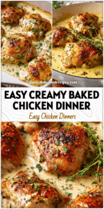 Close-up of baked chicken thighs in creamy sauce garnished with herbs in a white baking dish.