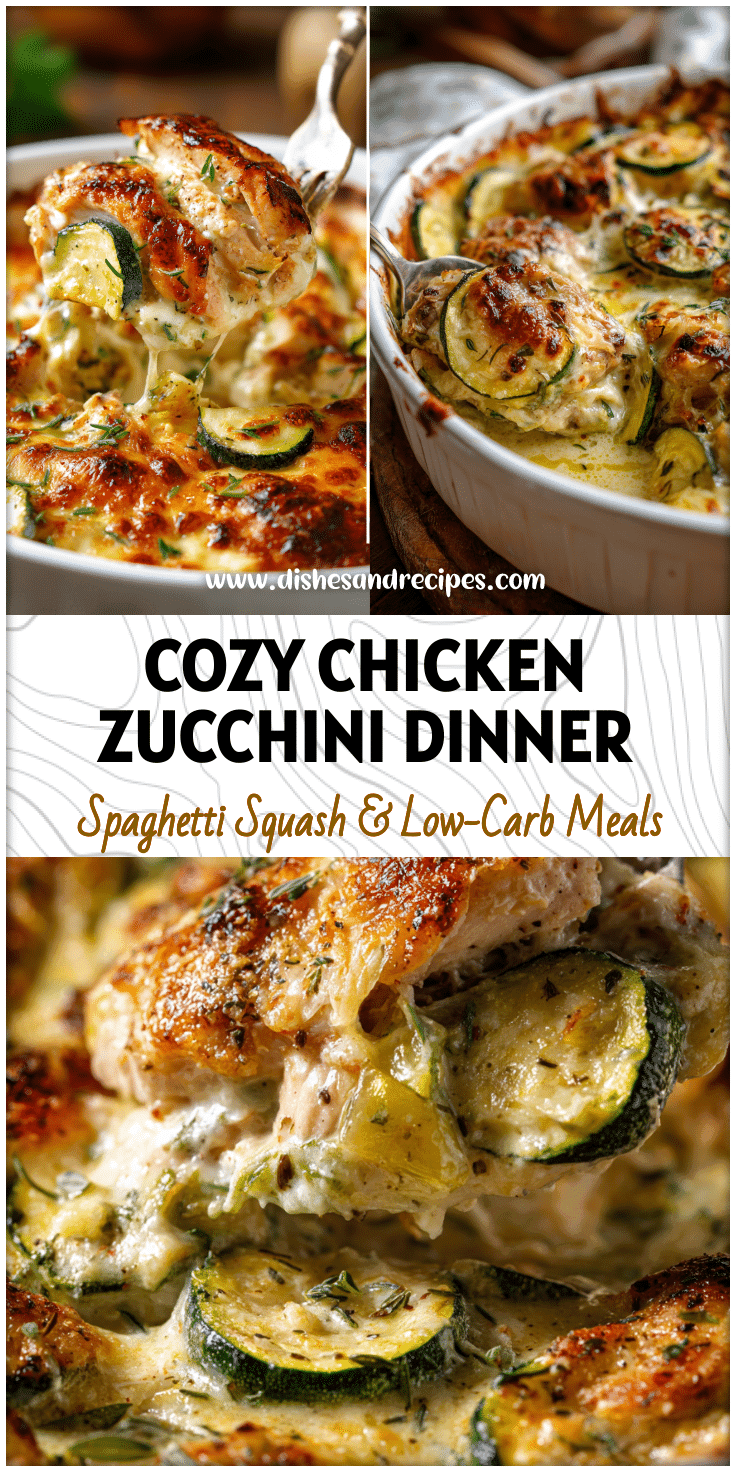 Cheesy baked chicken zucchini casserole served in a white dish with golden top and herbs