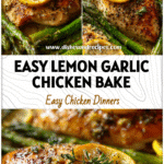 Golden baked chicken breasts with fresh asparagus drizzled in lemon garlic butter sauce.
