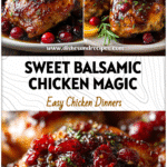 Plate of baked Orange Cranberry Chicken Thighs drizzled with balsamic glaze and garnished with herbs.