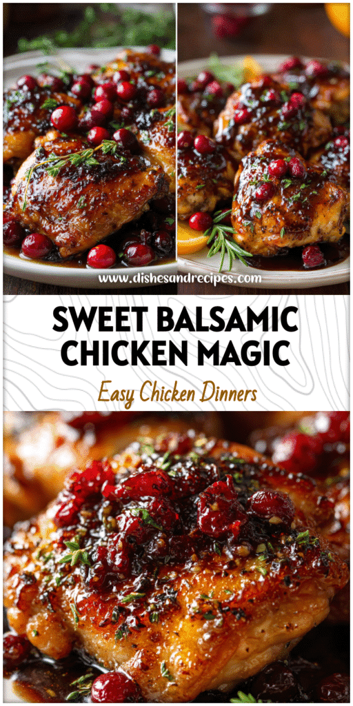 Plate of baked Orange Cranberry Chicken Thighs drizzled with balsamic glaze and garnished with herbs.