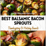 Golden roasted Brussels sprouts with crispy bacon drizzled in thick balsamic glaze on a baking sheet