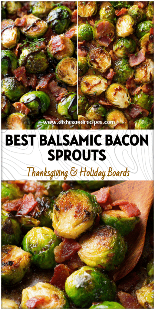 Home 35 Golden roasted Brussels sprouts with crispy bacon drizzled in thick balsamic glaze on a baking sheet