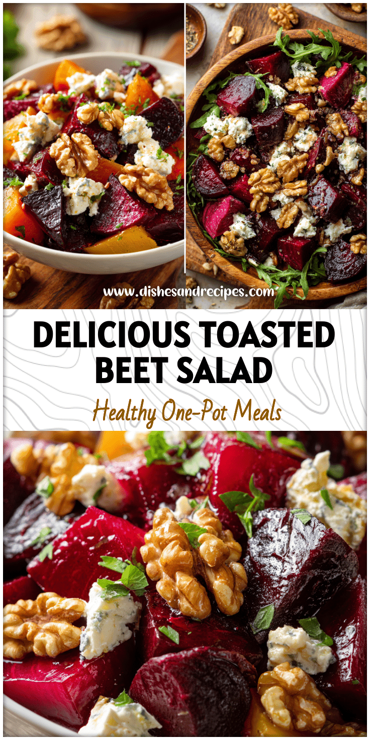 Colorful roasted beets tossed with goat cheese, walnuts, and raisins in a balsamic roasted beet salad bowl