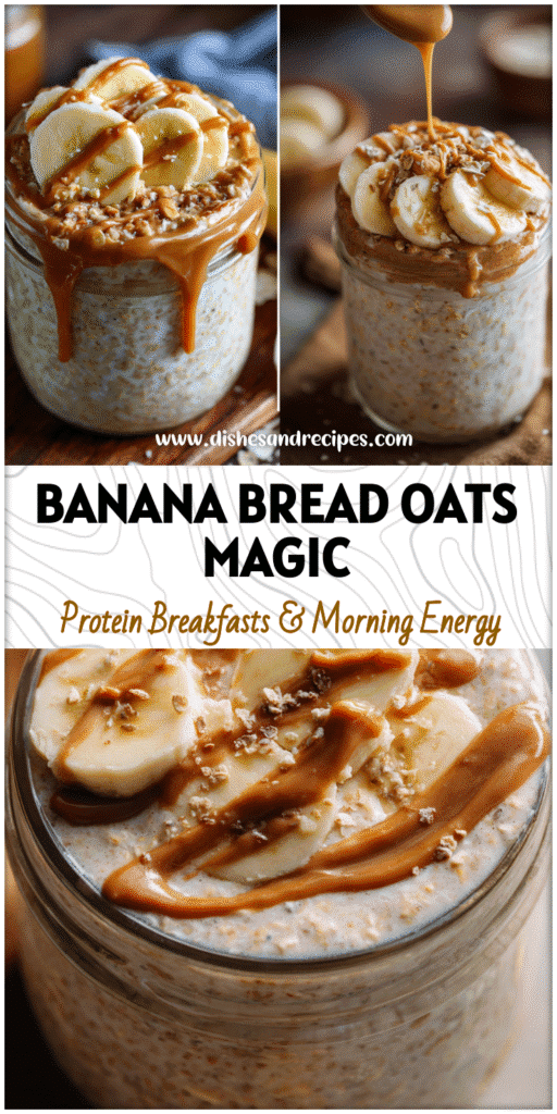Home 13 Creamy Overnight Banana Bread oats topped with peanut butter drizzle and banana slices in a breakfast jar.